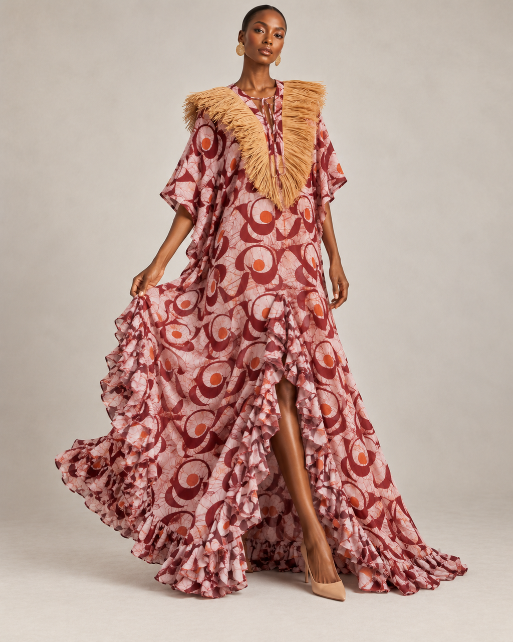 Cotonou, abito lungo in cotone batik fluido realizzato a mano con colletto in rafia