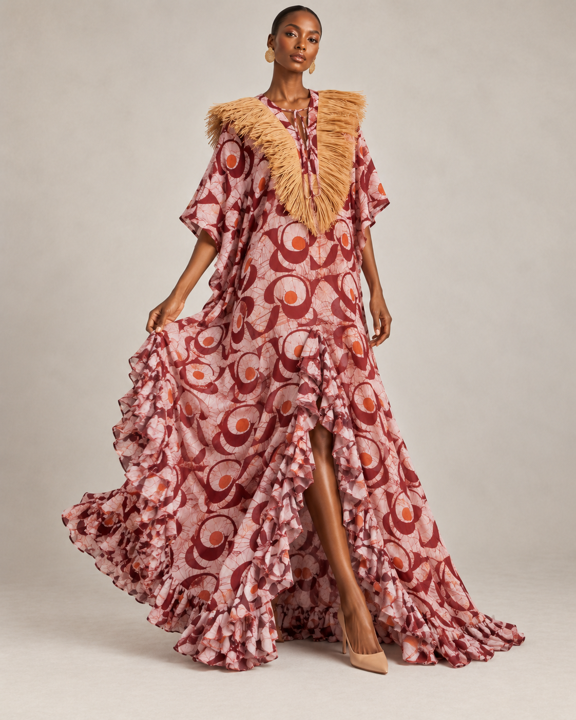 Cotonou, abito lungo in cotone batik fluido realizzato a mano con colletto in rafia
