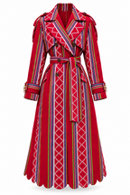 Vera Trench, Red Handcrafted Kente & Rhinestone Long Coat with Batik Lining