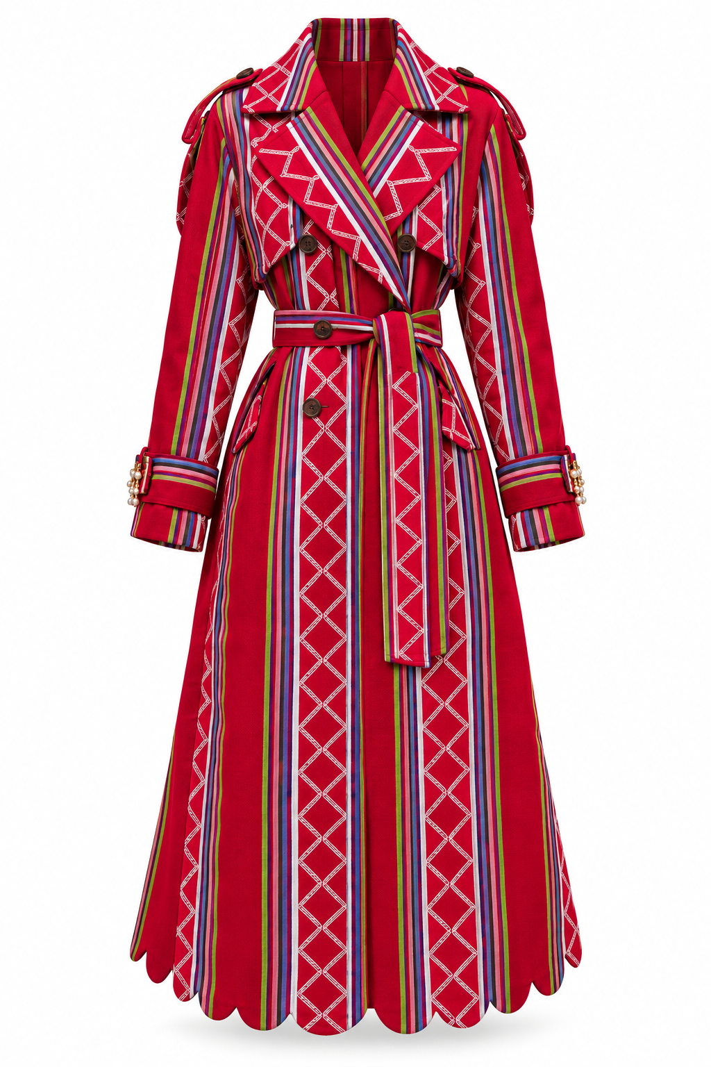 Vera Trench, Red Handcrafted Kente & Rhinestone Long Coat with Batik Lining
