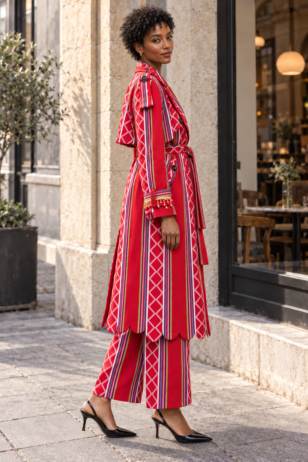 Vera Trench, cappotto lungo artigianale bianco in Kente e strass con fodera in batik (Copia)