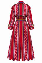 Vera Trench, Red Handcrafted Kente & Rhinestone Long Coat with Batik Lining