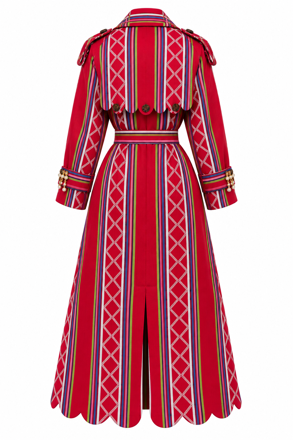 Vera Trench, Red Handcrafted Kente & Rhinestone Long Coat with Batik Lining