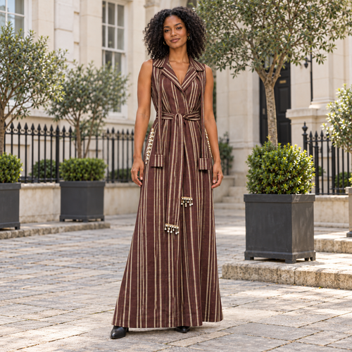 Abaya longue sans manches ABI Chocolate, confectionnée à la main avec ornements et ceinture