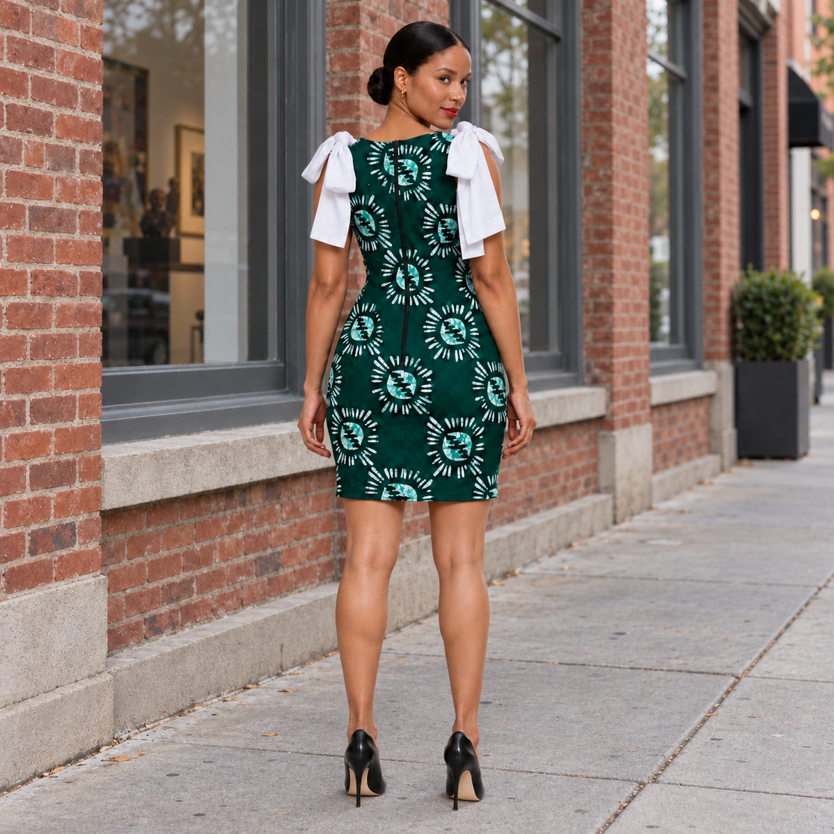 Mariam Green Sunburst Batik Mini Dress with White Bow Straps