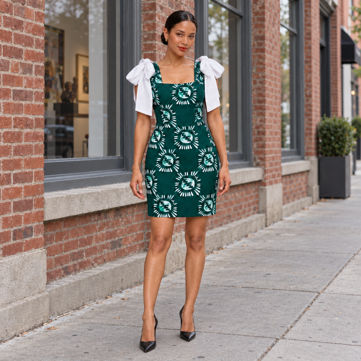 Mariam Green Sunburst Batik Mini Dress with White Bow Straps