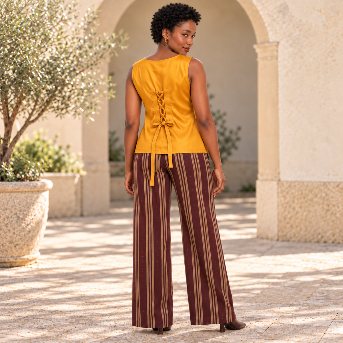 Denise Silk Cowl-Neck Top with Back Corset Lacing