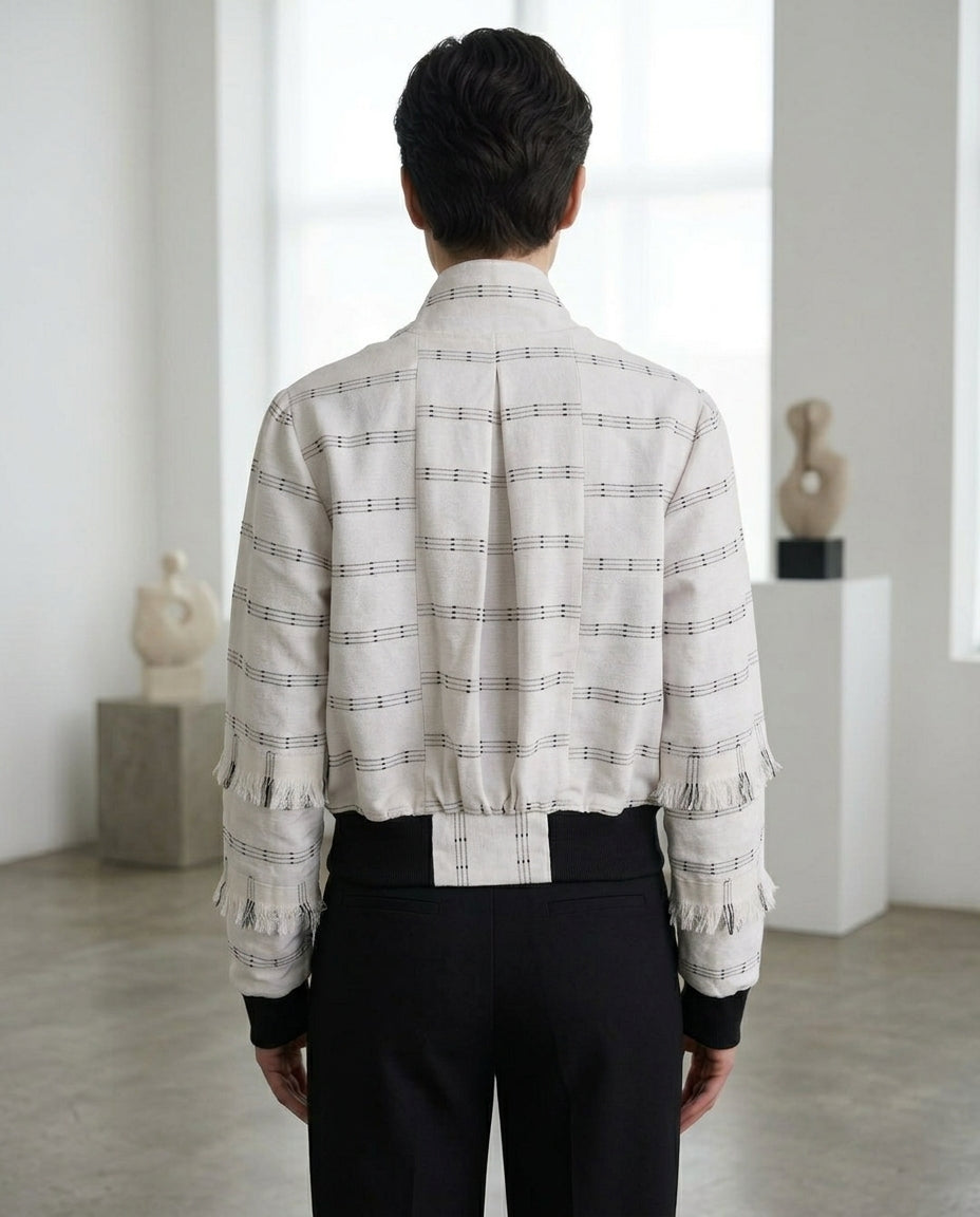 Speranza, Unisex Hand-Woven Fringe Bomber Jacket White Statement Coat