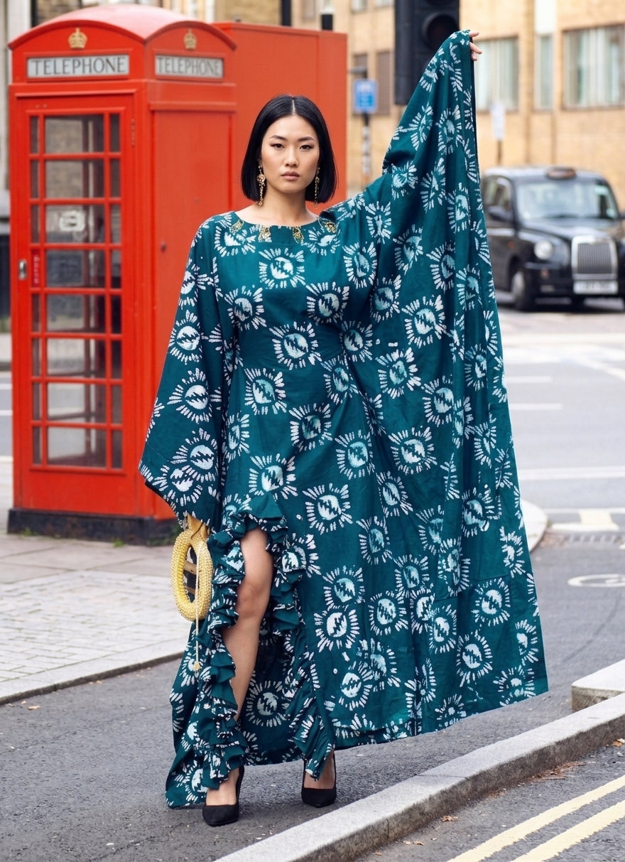 Lome, Women's Handcrafted Batik Kaftan Maxi Dress with Ruffled Slit