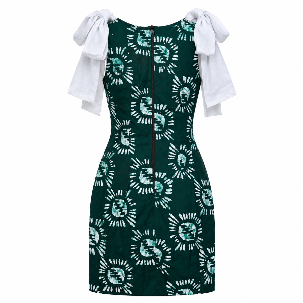 Mariam Green Sunburst Batik Mini Dress with White Bow Straps