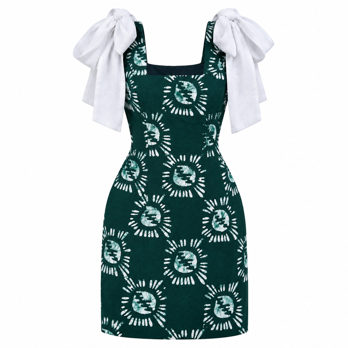 Mariam Green Sunburst Batik Mini Dress with White Bow Straps