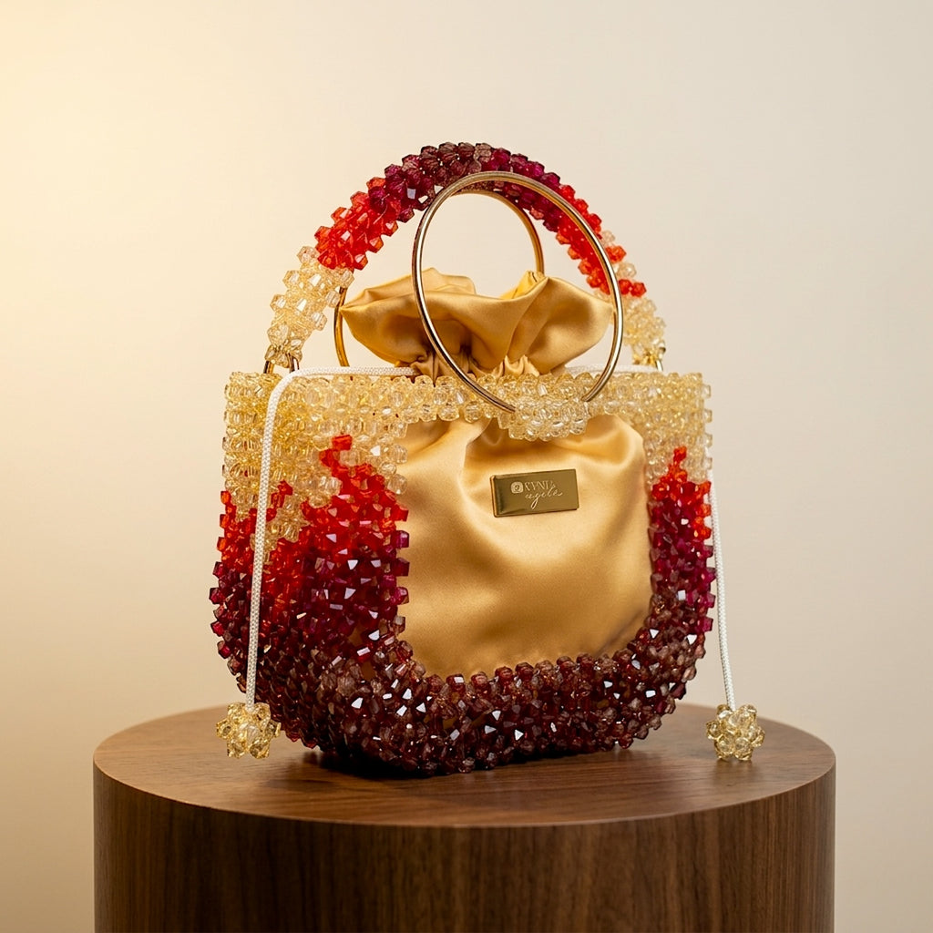Half Moon, Multicoloured Elegant Beaded Handbag