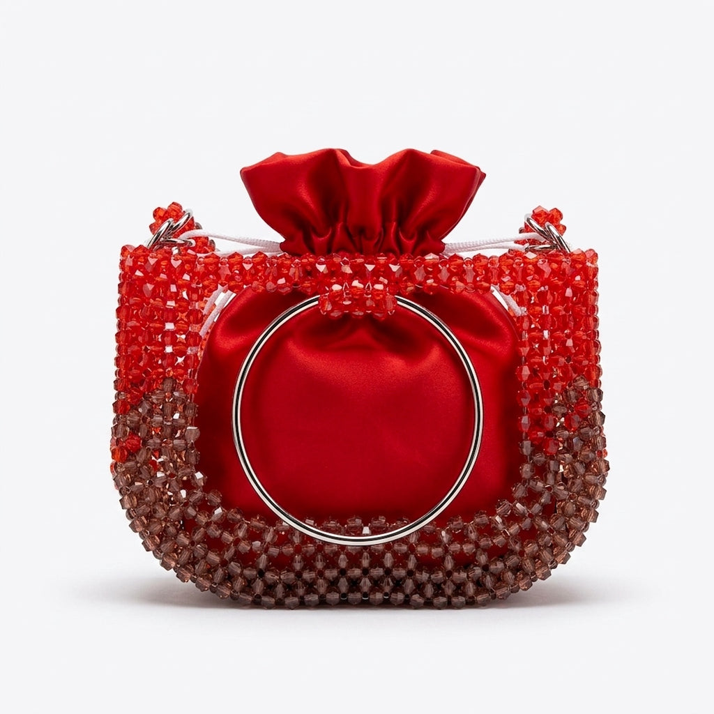 Half Moon, Red Beaded Mirror Elegant Purse For Women