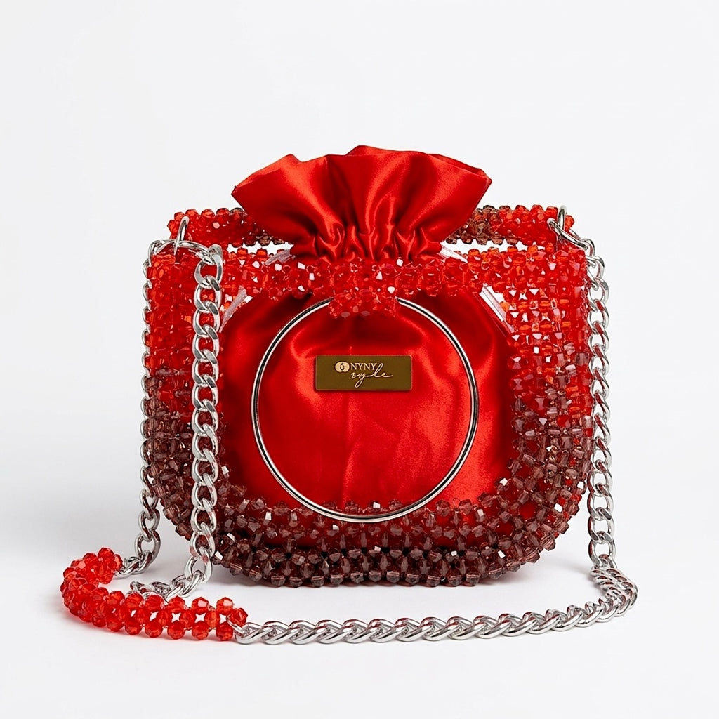 Half Moon, Red Beaded Mirror Elegant Purse For Women