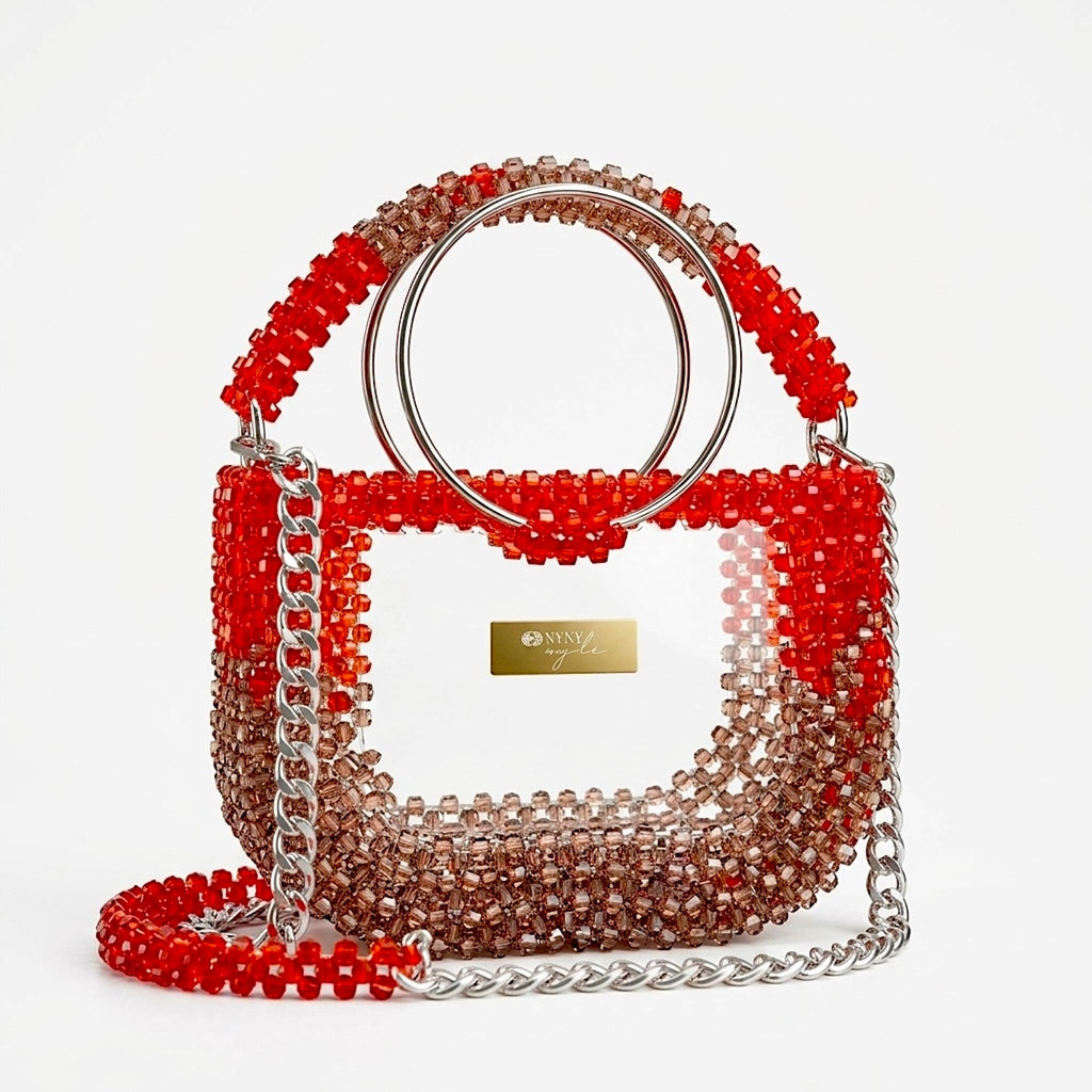 Half Moon, Red Beaded Mirror Elegant Purse For Women