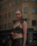 Ibiza, Women's Metallic Shimmer Bralette Crop Top with Rosette Shoulder Details