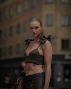 Ibiza, Women's Metallic Shimmer Bralette Crop Top with Rosette Shoulder Details