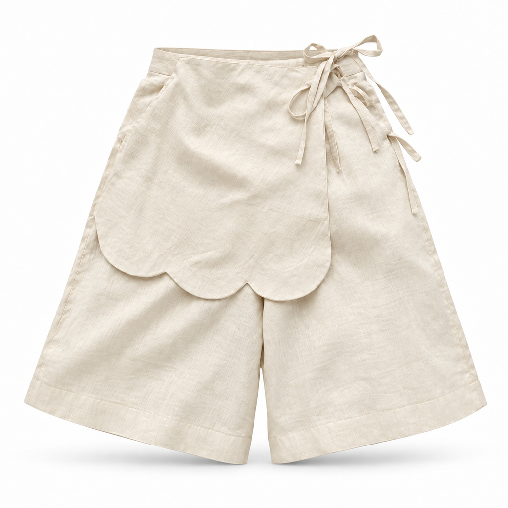 Alessia Pale Yellow Asymmetrical Linen Wide-Leg Shorts with Scalloped Panel & Side Lacing