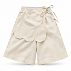 Alessia Pale Yellow Asymmetrical Linen Wide-Leg Shorts with Scalloped Panel & Side Lacing