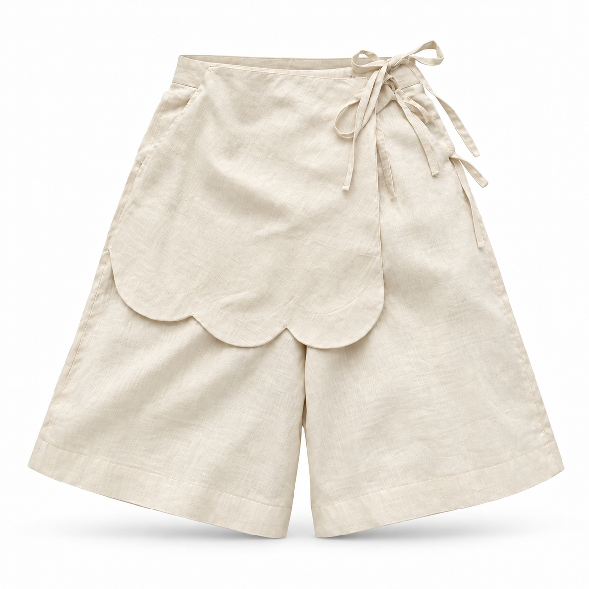 Alessia Pale Yellow Asymmetrical Linen Wide-Leg Shorts with Scalloped Panel & Side Lacing