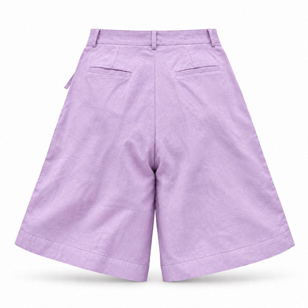 Alessia Purple Asymmetrical Linen Wide-Leg Shorts with Scalloped Panel & Side Lacing