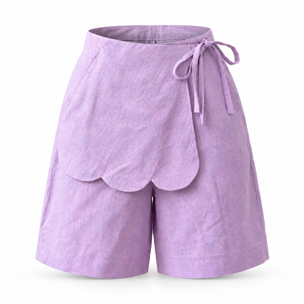 Alessia, Handcrafted Asymmetrical Linen Wide-Leg Shorts with Scalloped Panel & Side Lacing