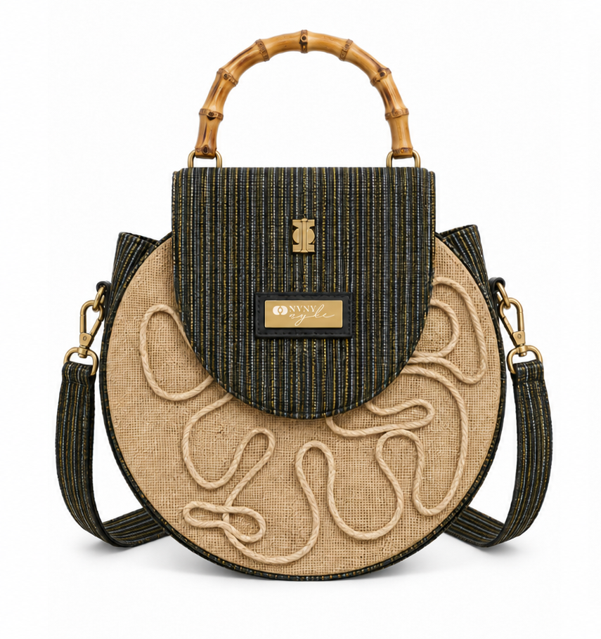 Afrodisk, borsa artigianale in iuta e Kente con manici in bambù color marrone