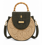 Afrodisk, borsa artigianale in iuta e Kente con manici in bambù color marrone