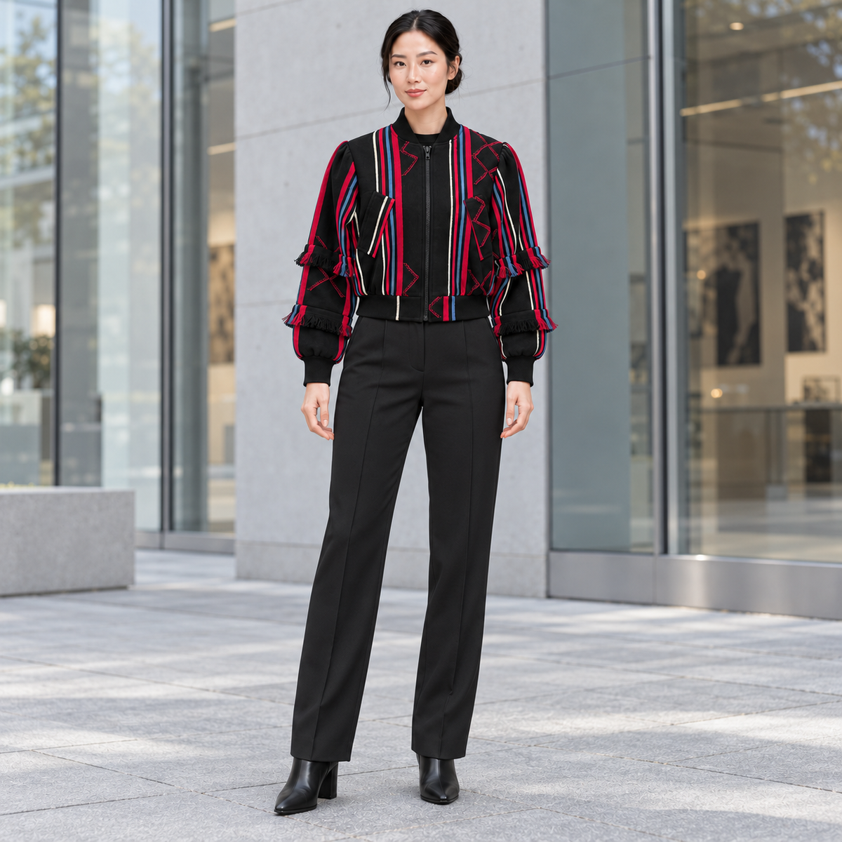 Speranza, bomber in tweed unisex intessuto a mano nero con frange