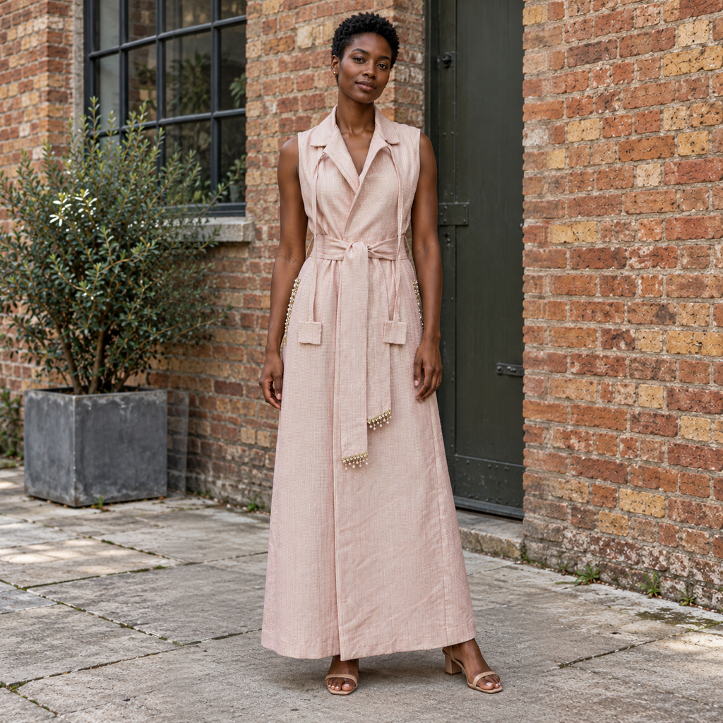ABI Pink, Abaya lunga smanicata artigianale in Kente con decorazioni e cintura