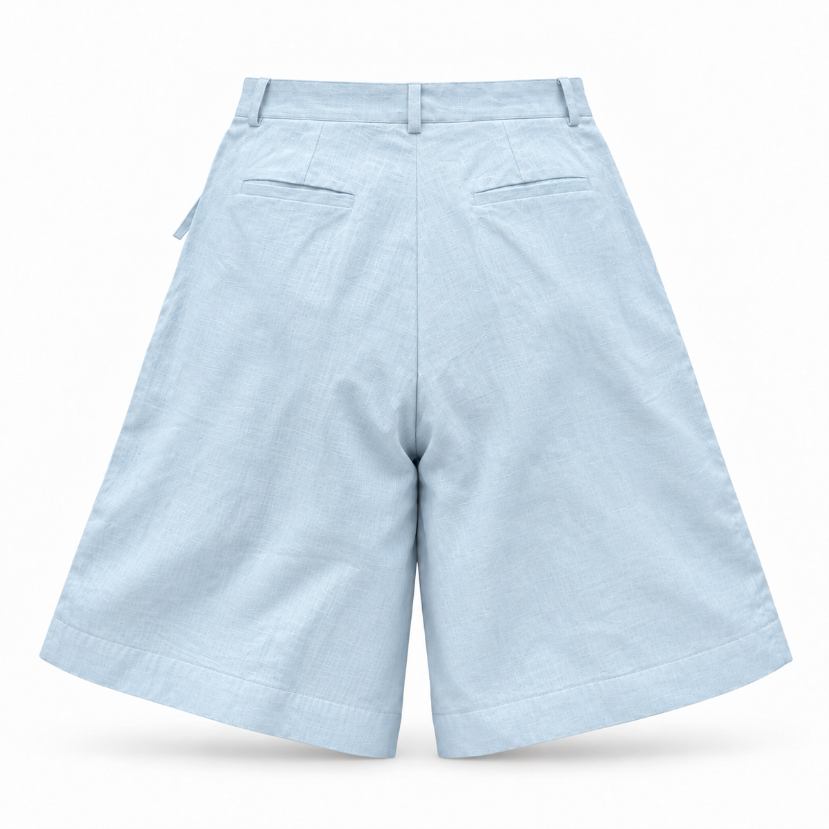 Alessia Sky Blue Asymmetrical Linen Wide-Leg Shorts with Scalloped Panel & Side Lacing