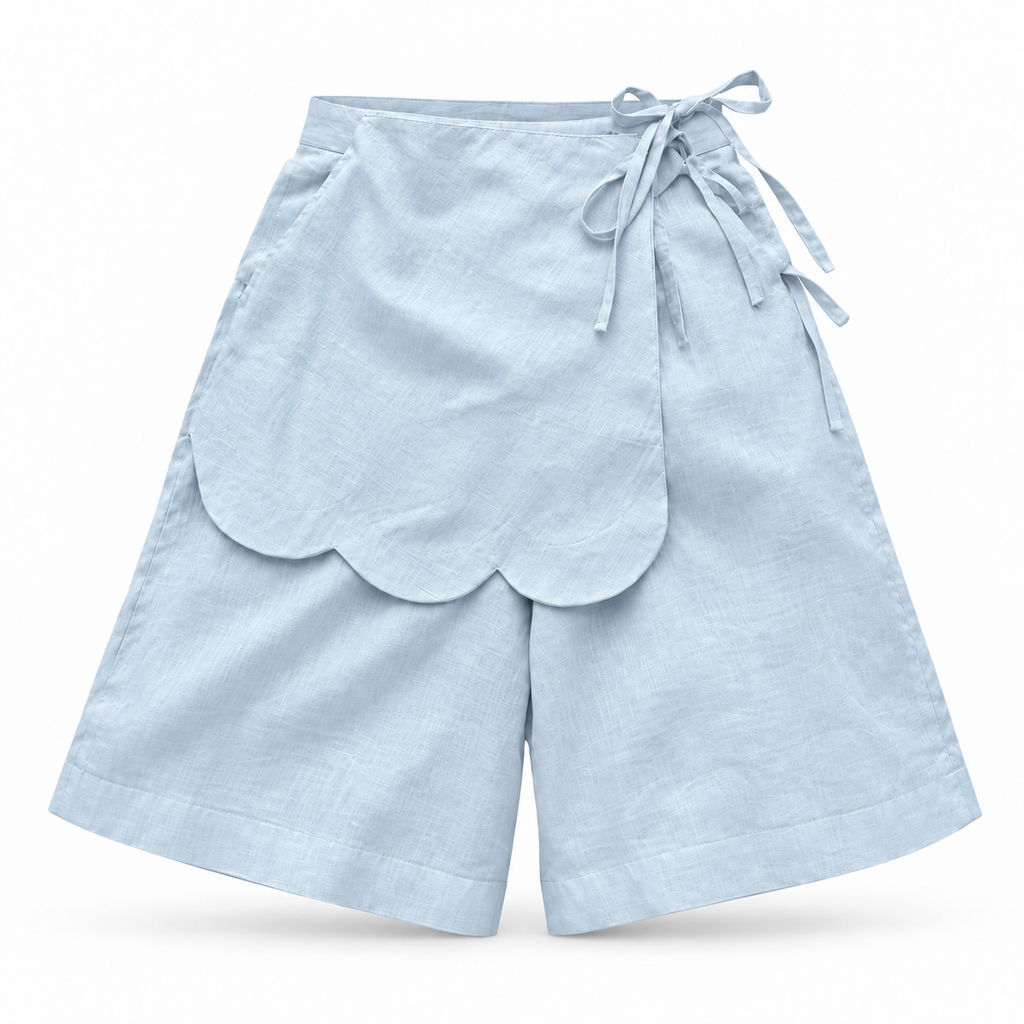 Alessia Sky Blue Asymmetrical Linen Wide-Leg Shorts with Scalloped Panel & Side Lacing