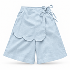Alessia Sky Blue Asymmetrical Linen Wide-Leg Shorts with Scalloped Panel & Side Lacing