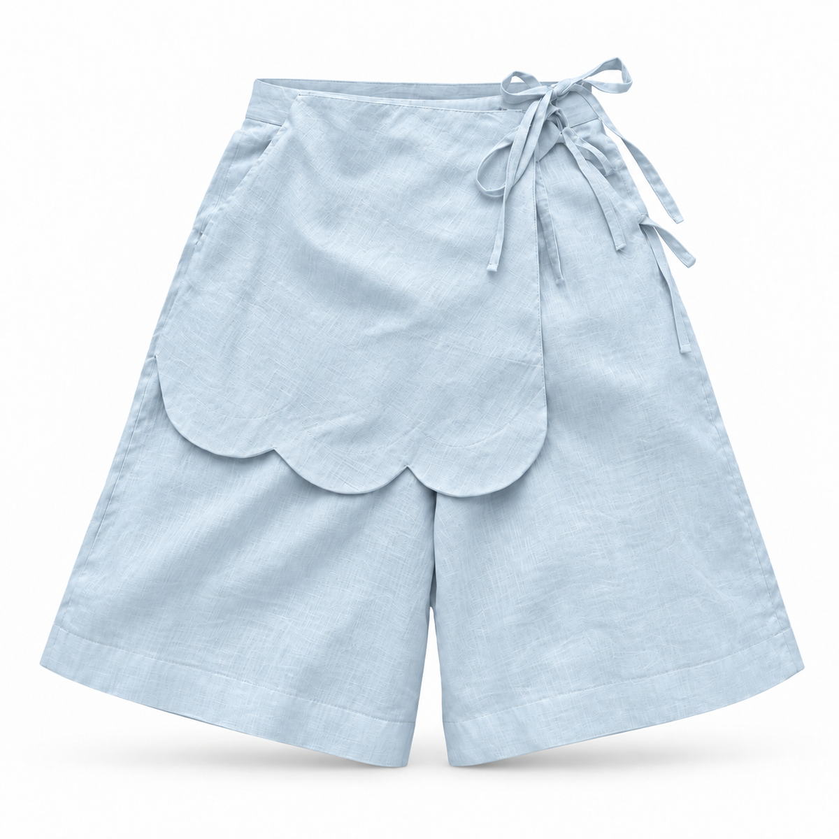 Alessia Sky Blue Asymmetrical Linen Wide-Leg Shorts with Scalloped Panel & Side Lacing