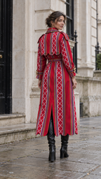 Vera Trench, Red Handcrafted Kente & Rhinestone Long Coat with Batik Lining