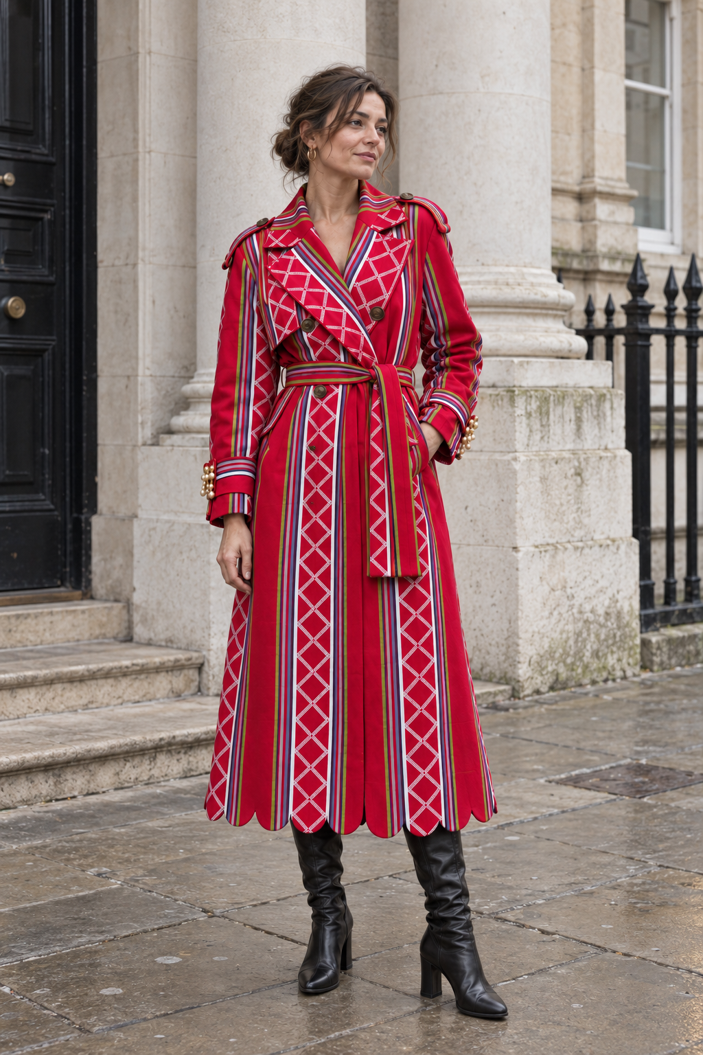 Vera Trench, Red Handcrafted Kente & Rhinestone Long Coat with Batik Lining