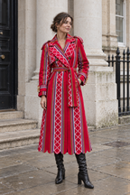 Vera Trench, Red Handcrafted Kente & Rhinestone Long Coat with Batik Lining