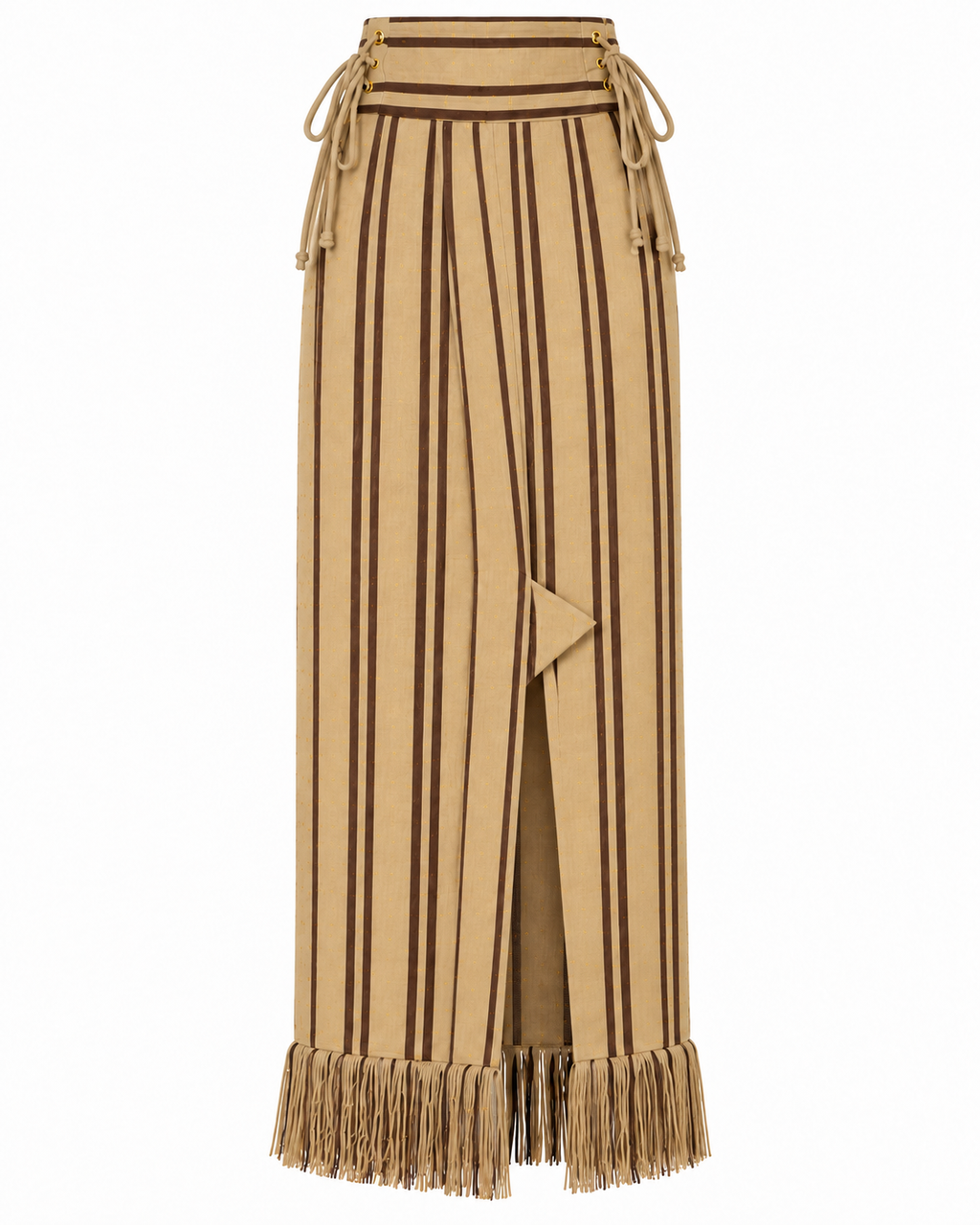 Jupe crayon taille haute Milena en Kente crème à rayures marron, confectionnée à la main