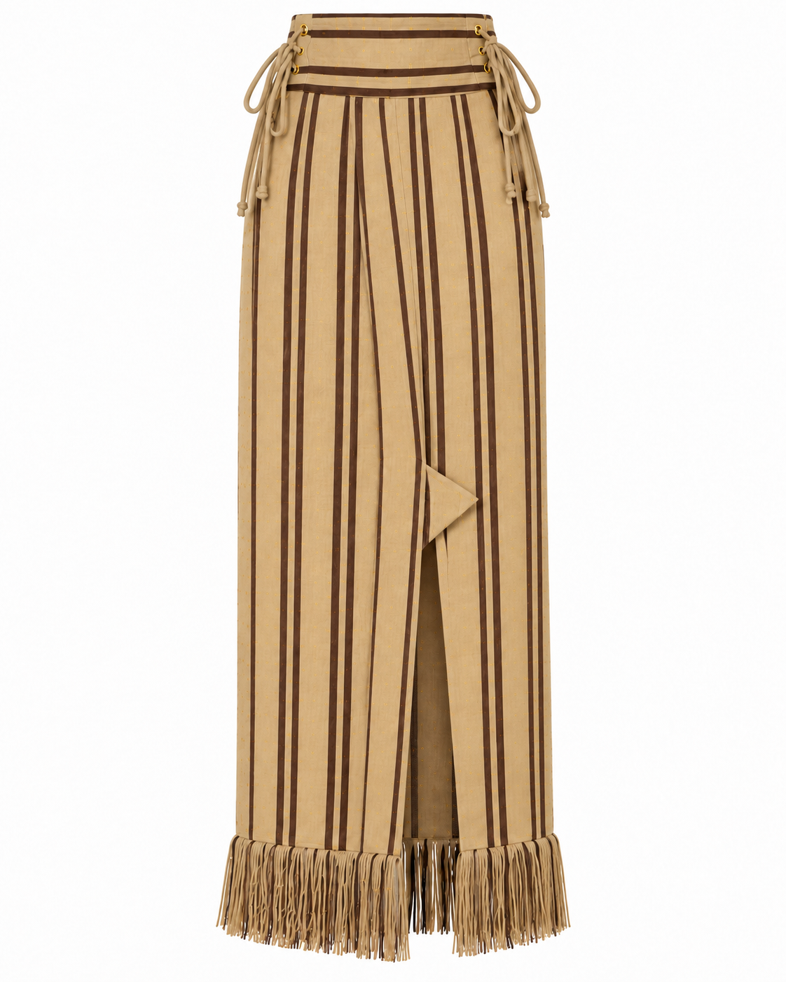 Jupe crayon taille haute Milena en Kente crème à rayures marron, confectionnée à la main