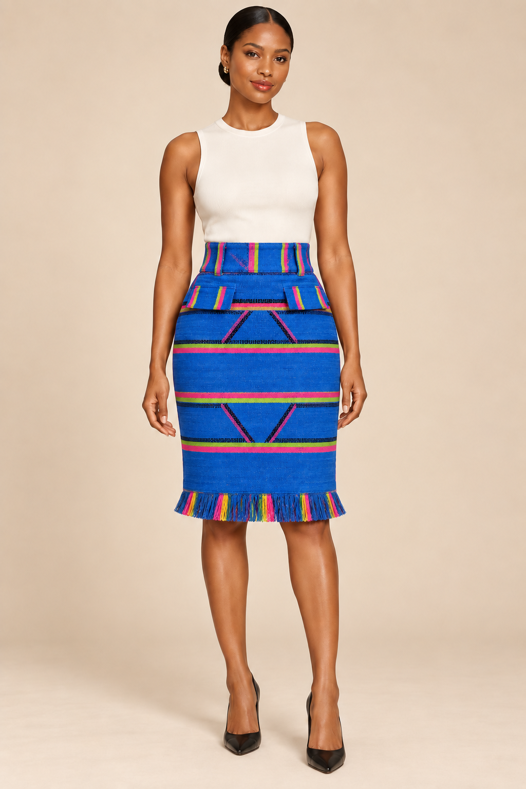 Sentimento, High-Waist Kente Pencil Skirt Handwoven Organic Cotton Skirt