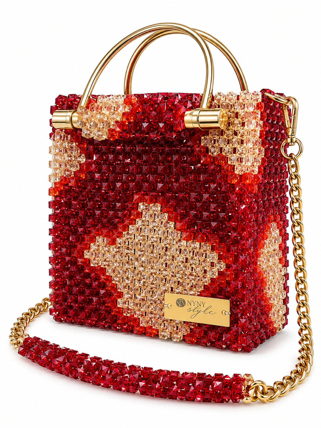 Cube, borsa artigianale in cristallo con perline zebrate, con manici in bambù e argento