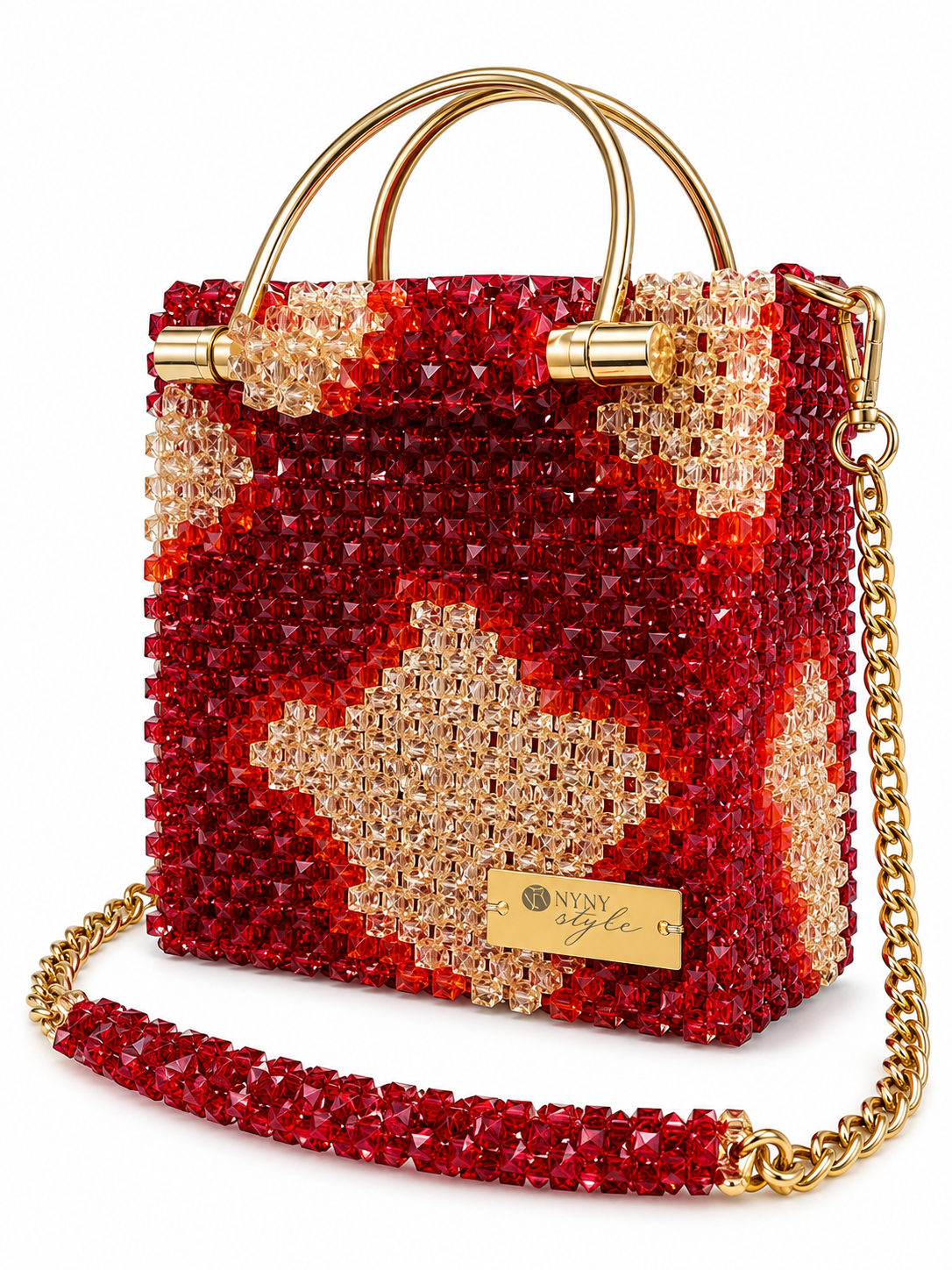 Cube, borsa artigianale in cristallo con perline zebrate, con manici in bambù e argento