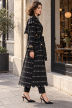 Vera Black Kente Long Trench Coat with Rhinestones & Batik Lining