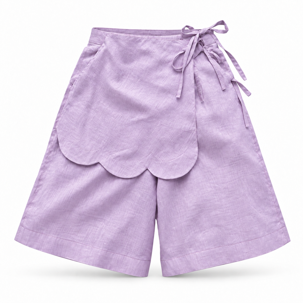 Alessia Purple Asymmetrical Linen Wide-Leg Shorts with Scalloped Panel & Side Lacing
