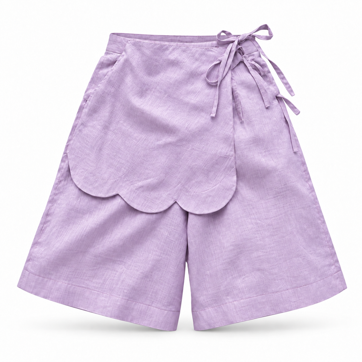 Alessia Purple Asymmetrical Linen Wide-Leg Shorts with Scalloped Panel & Side Lacing