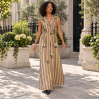 Abaya ABI Cream, abito lungo senza maniche artigianale in Kente con decorazioni e cintura