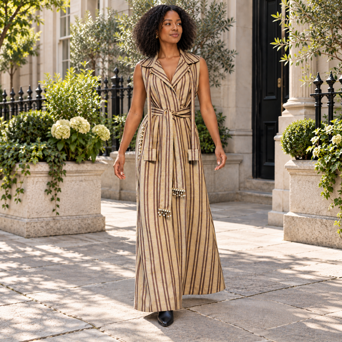Abi Cream Sleeveless Long Kente Abaya with Belt