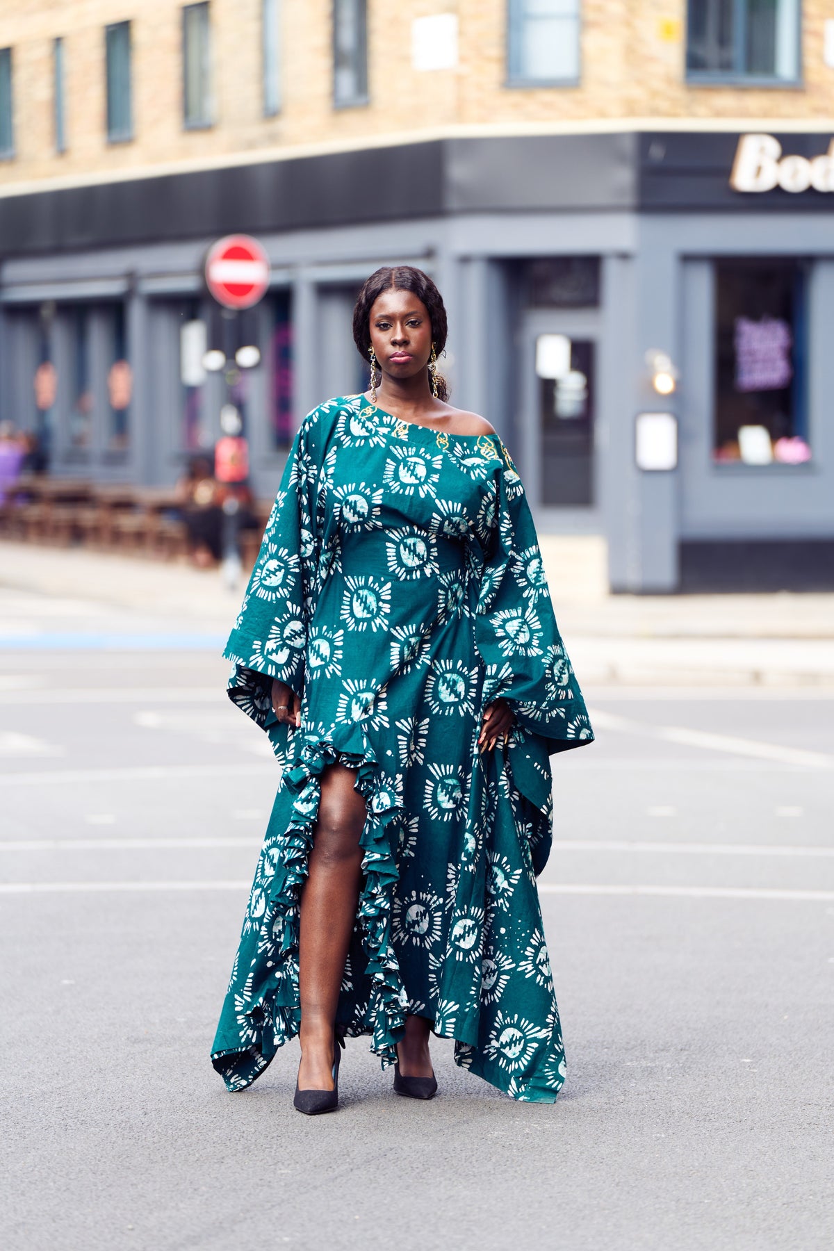 Lome, Women's Handcrafted Batik Kaftan Maxi Dress with Ruffled Slit