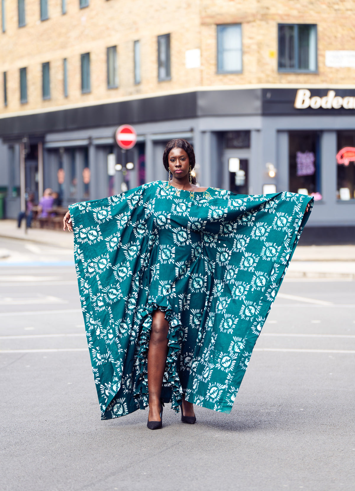 Lome, Women's Handcrafted Batik Kaftan Maxi Dress with Ruffled Slit