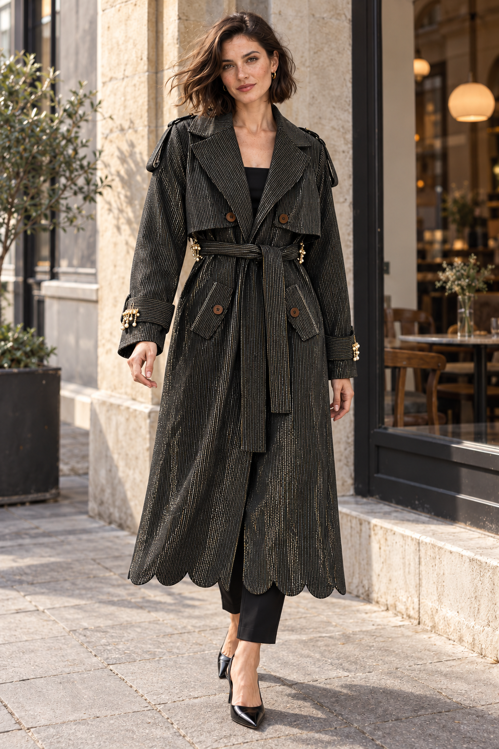 Trench Vera, cappotto lungo artigianale in Kente nero scintillante con strass e fodera in batik